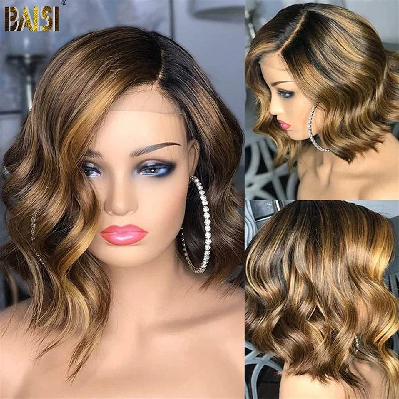 trendy short bob wigs for sleek, modern styles -BAISI Honey Blonde Highlight Wavy Short BoB Wig