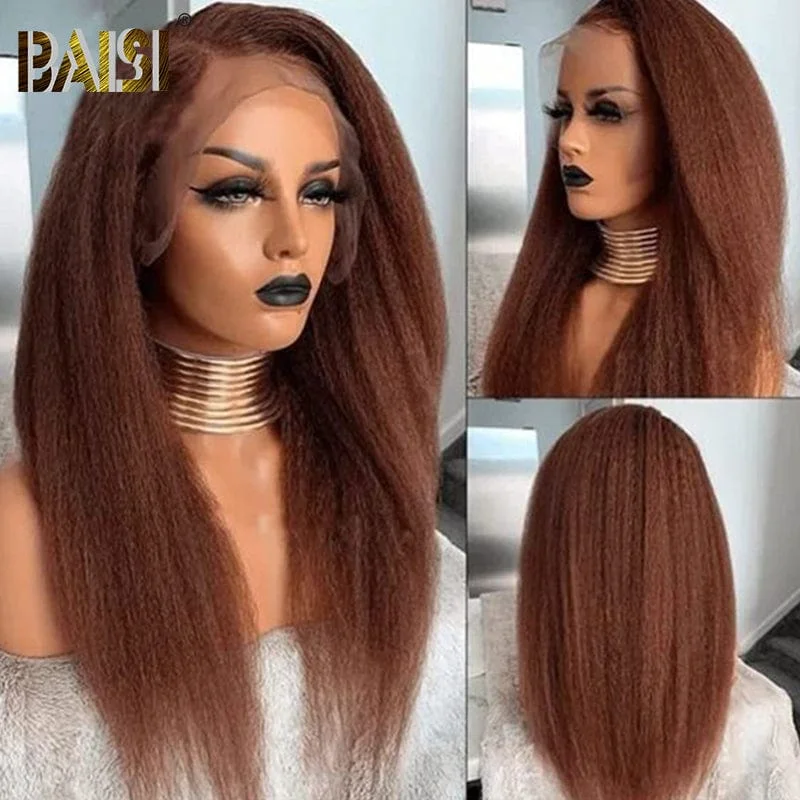 human hair wigs for a soft, shiny appearance -BAISI Kinky Straight Reddish Brown Color Wig