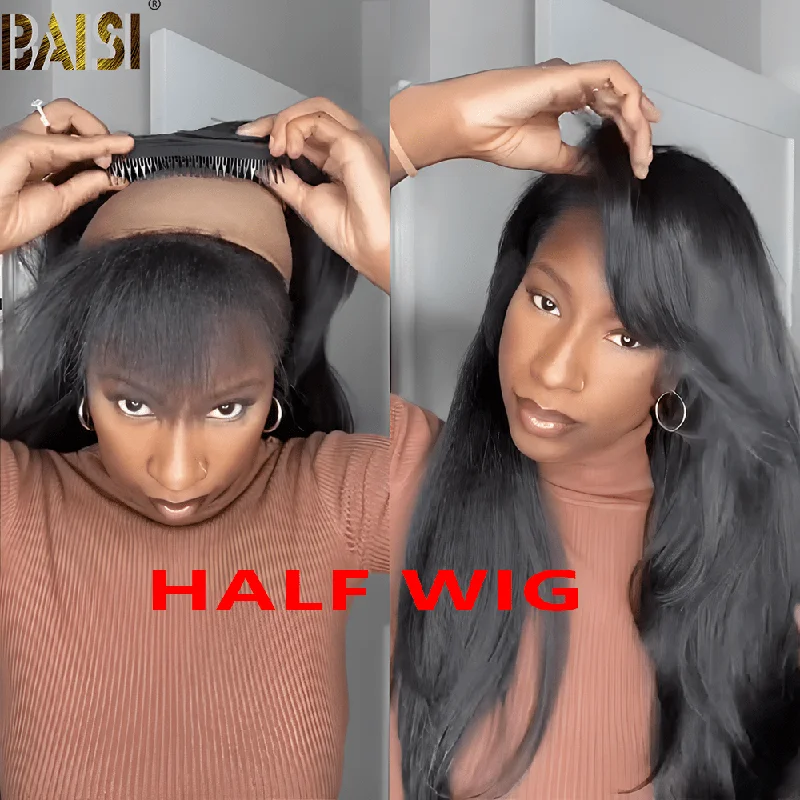 human hair wigs for a natural, healthy shine -BAISI Klinky Straight Half Glueless Wig