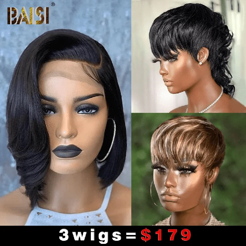 full lace wigs for the most natural scalp appearance -Baisi 1 Straight BoB Wig+1 Mullet Wig+1  Mahcine Made Wig=$179