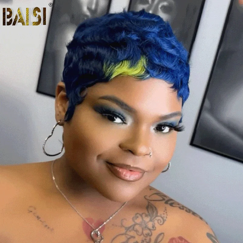 short bob wigs for chic, elegant looks -BAISI Machine Made Blue Finger Wave With Green Highlight Wig