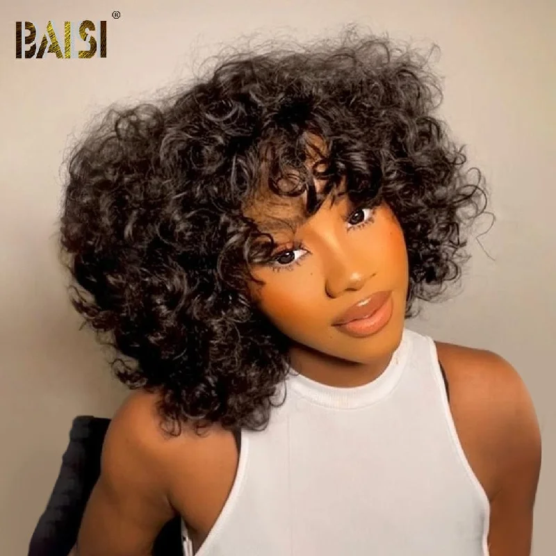 full coverage wigs for natural scalp blending -Baisi Machine Made Egg curl With Bang BoB Wig