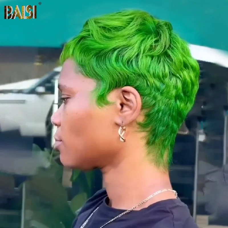 short textured wigs for modern and edgy styles -BAISI Machine Made Green Pixie Cut Wig