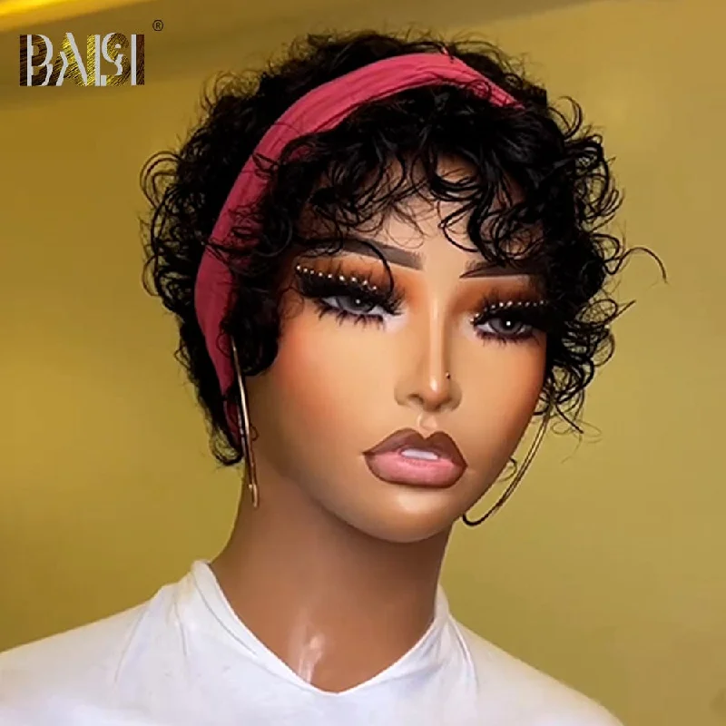 voluminous curly wigs for a bold, bouncy look -BAISI Machine Made Pixie Tapered Cut Curly Wig