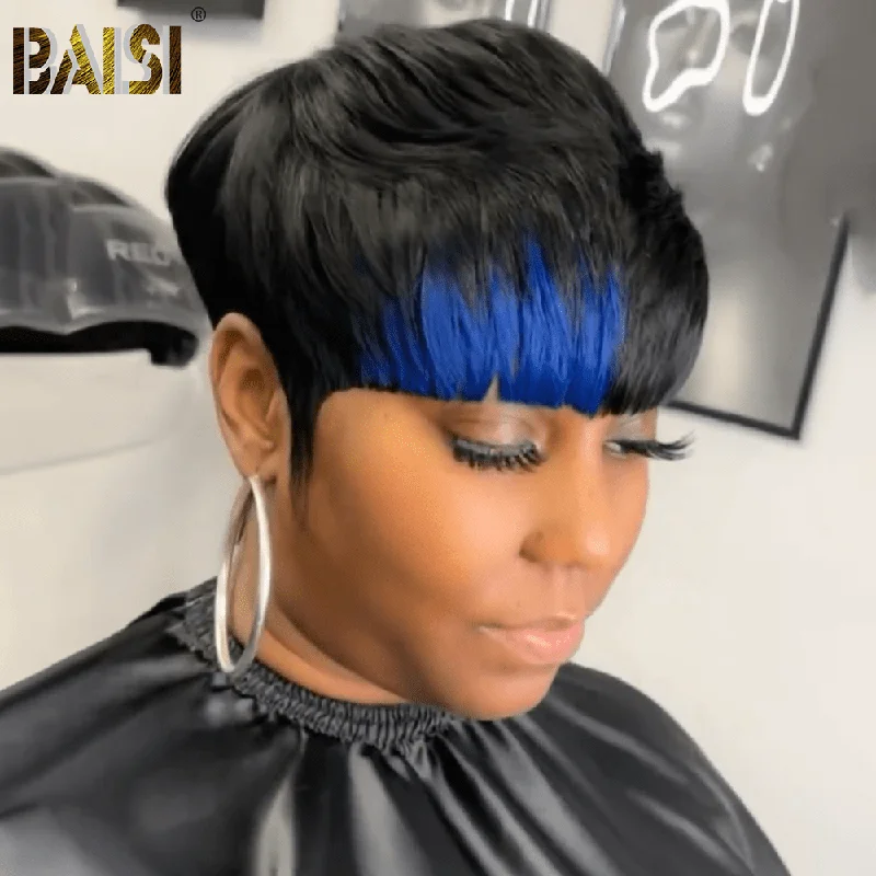 voluminous pixie wigs for a chic, modern appearance -BAISI Machine Made Wig With Blue Highlight