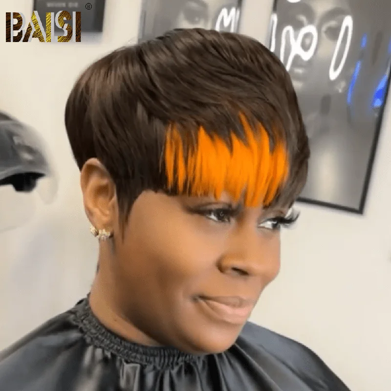 trendy short bob wigs for modern sophistication -BAISI Machine Made Wig With Orange Highlight