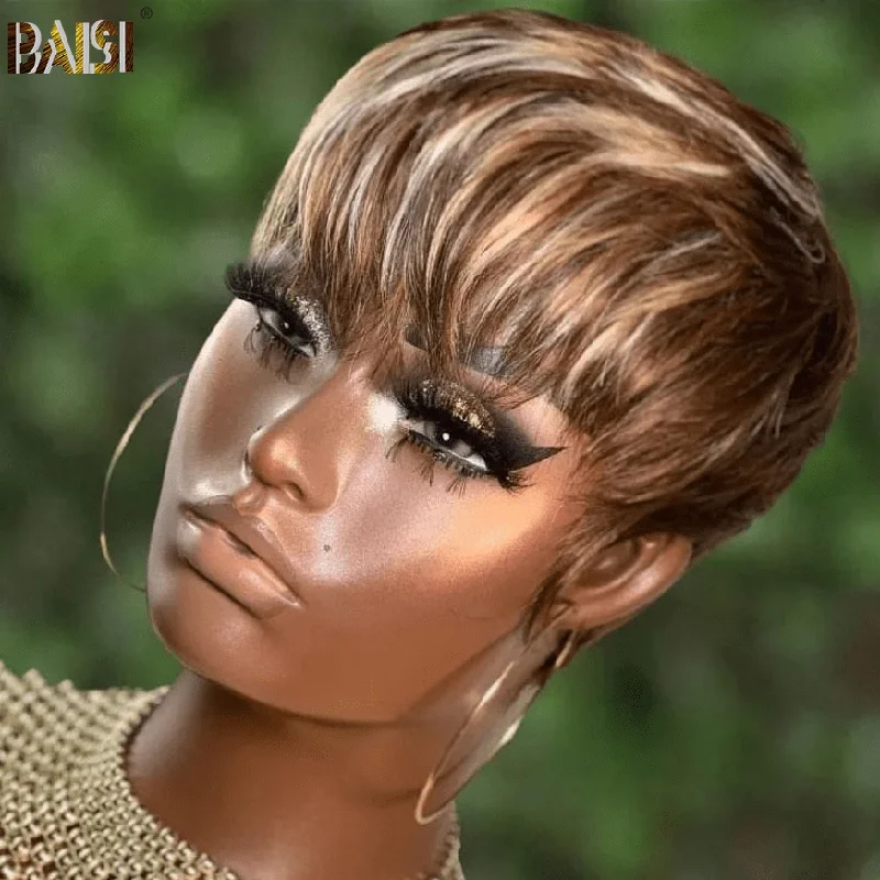 wigs for women with thin hair for thicker styles -BAISI Mixed Pixie Cut Fringe Wig