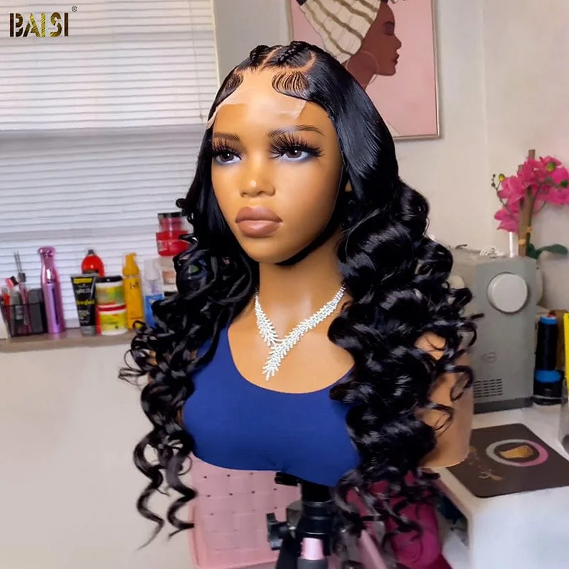 wigs for women with fine edges for a fuller look -BAISI Natural Black Loose Wavy Wig