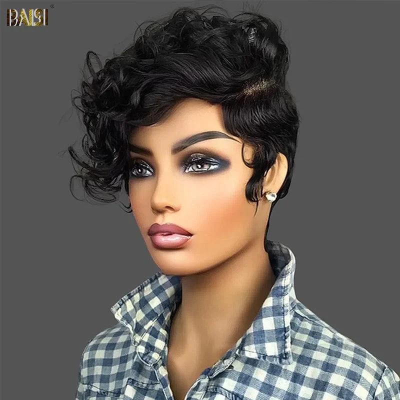 braided wigs for protective and stylish hair -BAISI Natural Black Pixie Cut Hair Wig