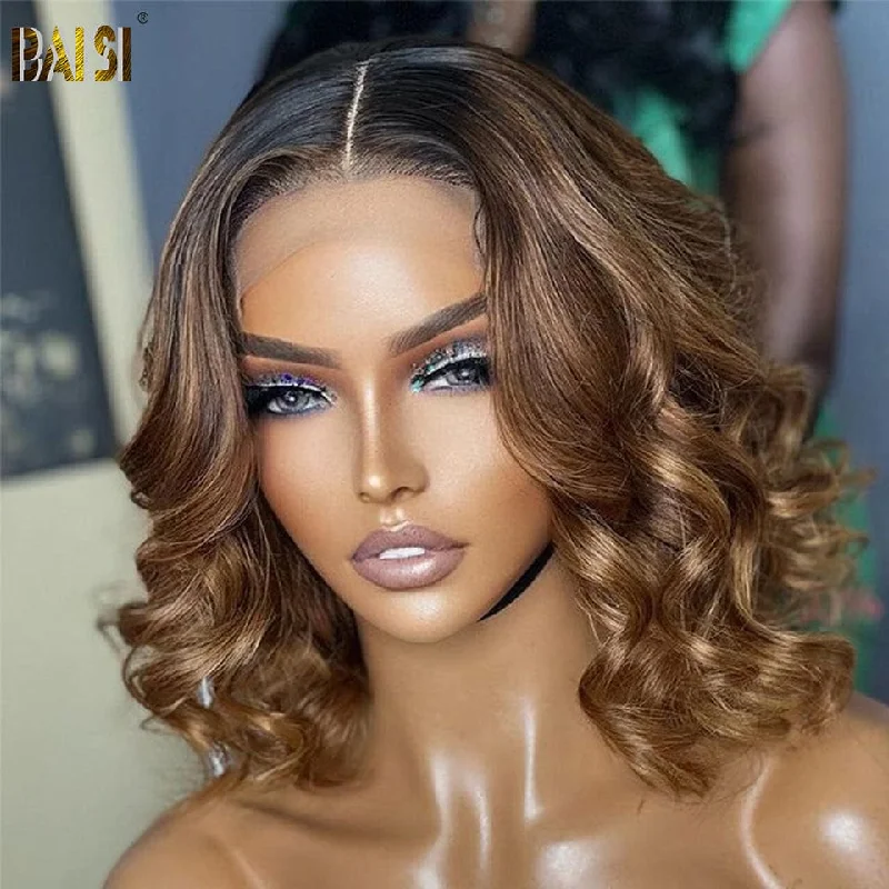 trendy lace front wigs for a flawless, natural blend -BAISI Ombre Brown Color Short Wavy Wig