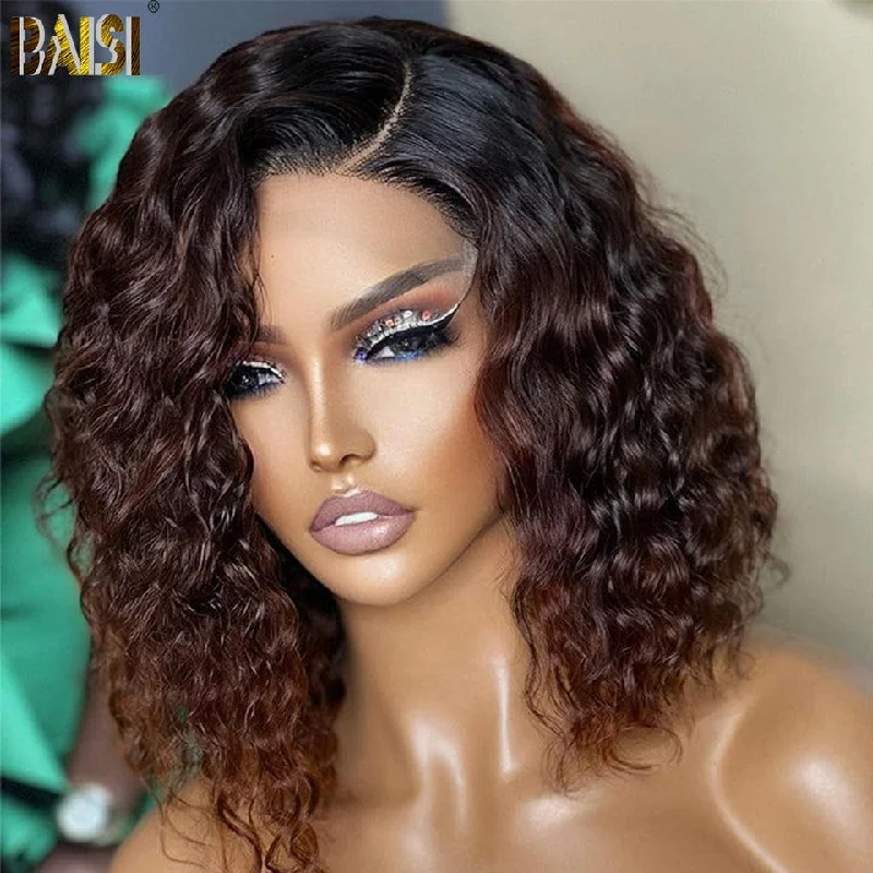 full lace wigs for natural blending with scalp -BAISI Ombre Dark Brown Color Short Wavy Wig