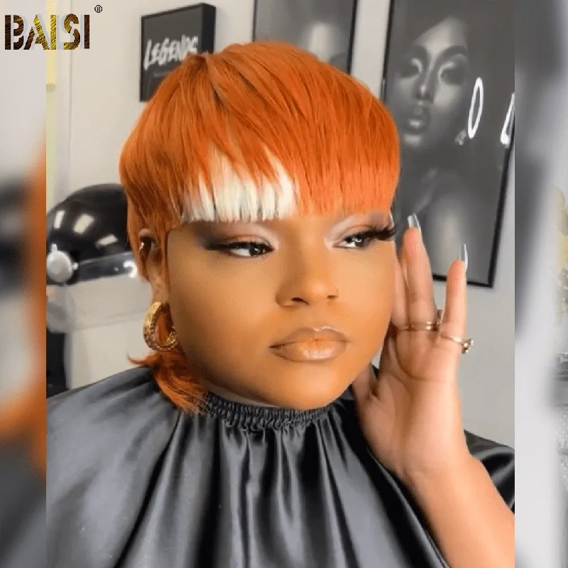 stylish short wigs for a trendy, youthful look -BAISI Orange With Highlight Mullet Glueless Wig