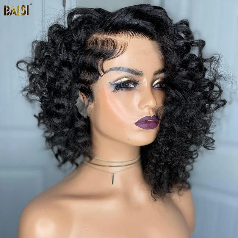 voluminous curly wigs for a dramatic, bold look -BAISI Perfect Layered Cut Black Wavy Wig