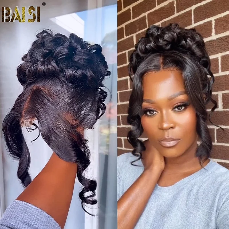 voluminous lace front wigs for dramatic effect -BAISI Perfect Updo Ponytail Wavy Wig For Wedding