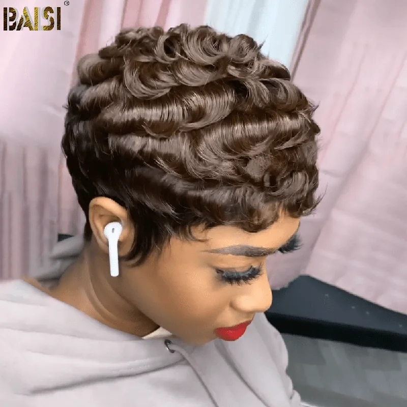 wigs for women with alopecia for confidence -BAISI Pixie Brown Finger Wave Wig