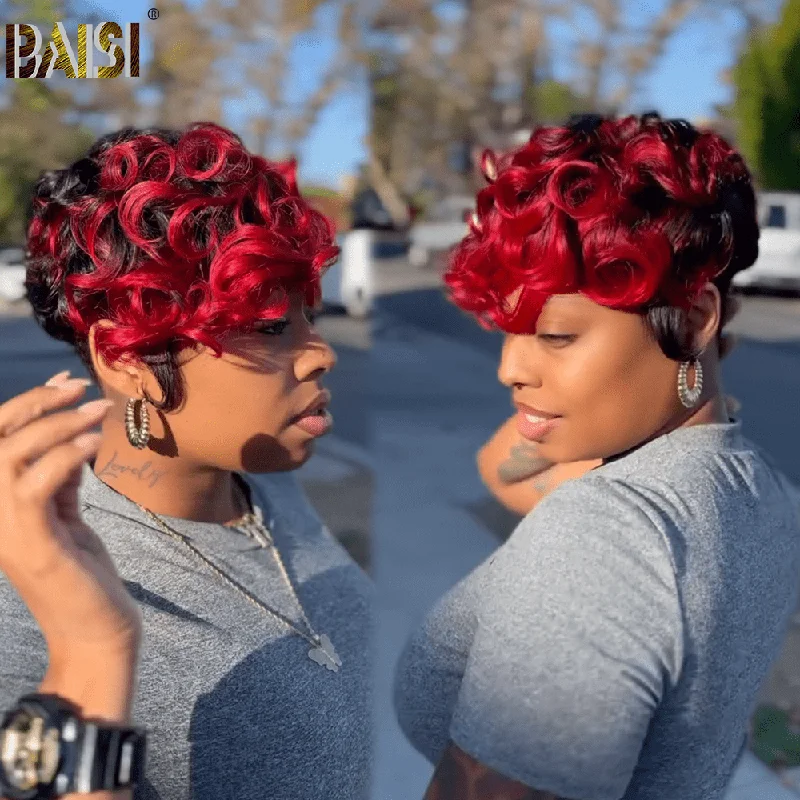 trendy lace front wigs for a flawless, natural blend -BAISI Pixie Quick Wave With Red Short Lace Wig