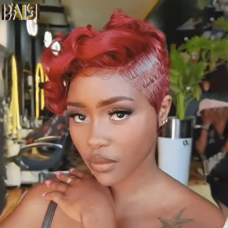 heat-friendly synthetic wigs for versatile styling -BAISI Pixie Red Side Part Short Lace Wig