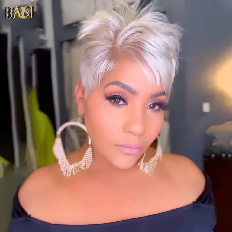 full coverage wigs for natural scalp blending -BAISI Pixie Silver Grey Short Lace Wig