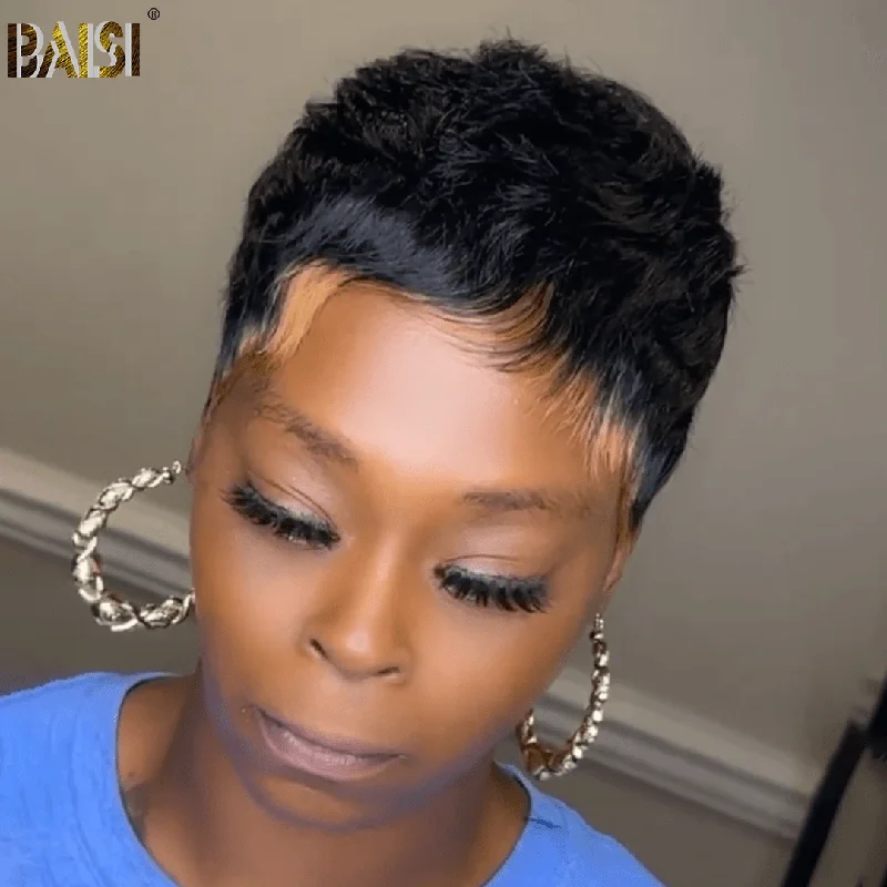 full lace wigs for better comfort and wearability -BAISI Pixie Tapered Cut With Highlight Machine Made Wig