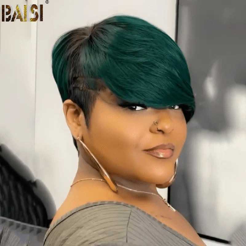 ombre wigs for a fun, colorful hair transformation -BAISI Pixie With Green Side Part Short Lace Wig