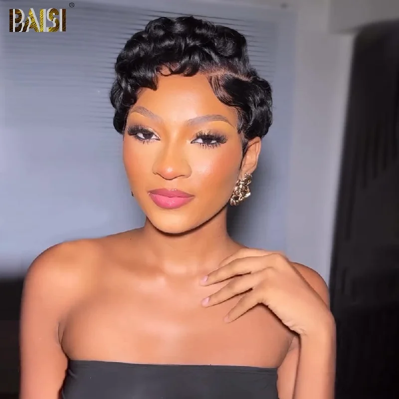 voluminous long wigs for dramatic hair transformations -BAISI Sexy Finger Wave Pixie Lace Wig