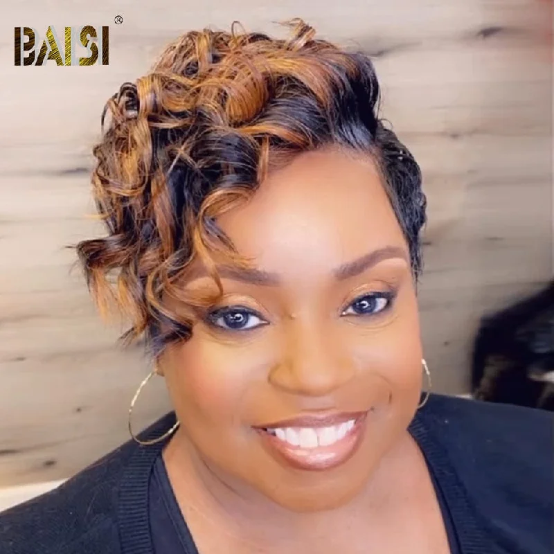 voluminous straight wigs for a sleek and polished style -BAISI Sexy Highlight Wavy Short Full Lace Wig