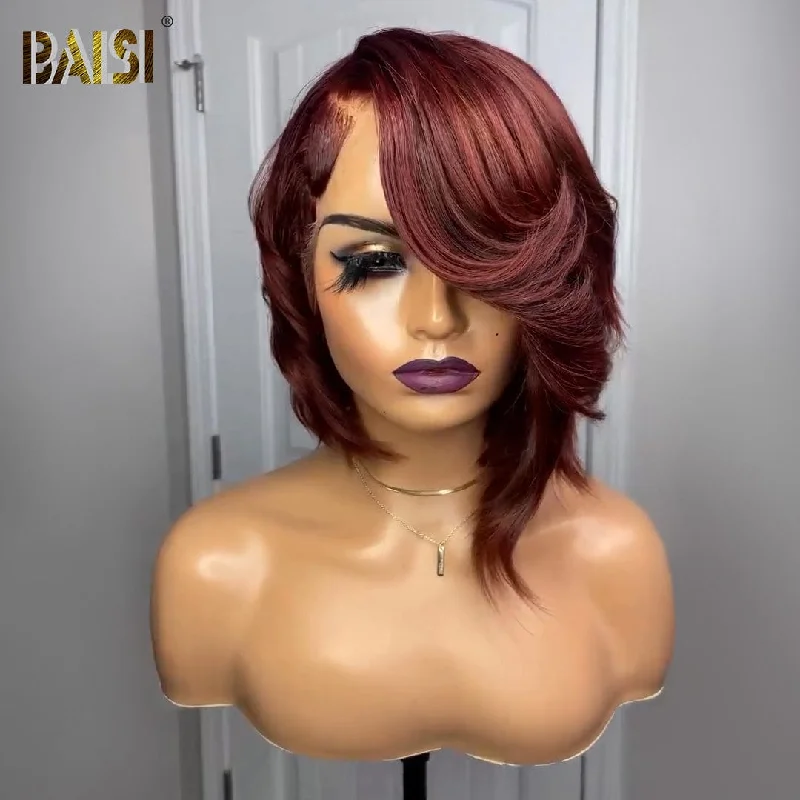 trendy short curly wigs for a fun, lively look -BAISI Sexy Side Part Wavy With Red Short Wig