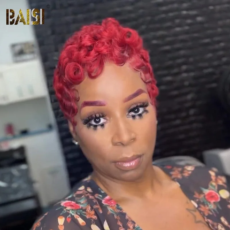 affordable wigs for every occasion and need -BAISI Shinning Red Pixie Finger Wave Machine Made Wig