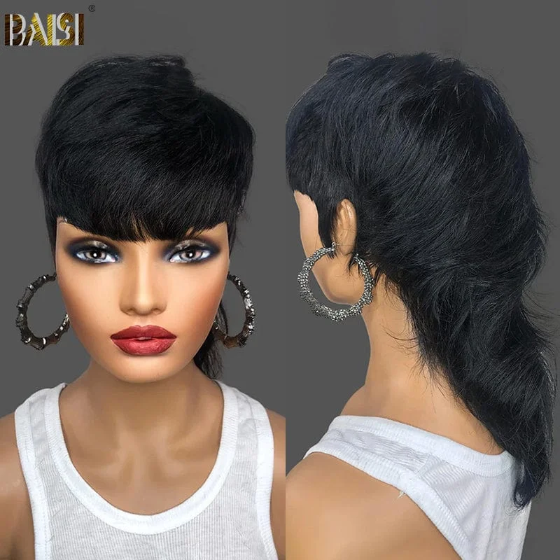 wigs for women with round faces for flattering styles -BAISI Short Mullet Glueless Wig