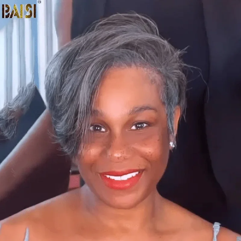 full lace wigs for better flexibility and comfort -BAISI Short Side Part Grey Pixie Lace Wig