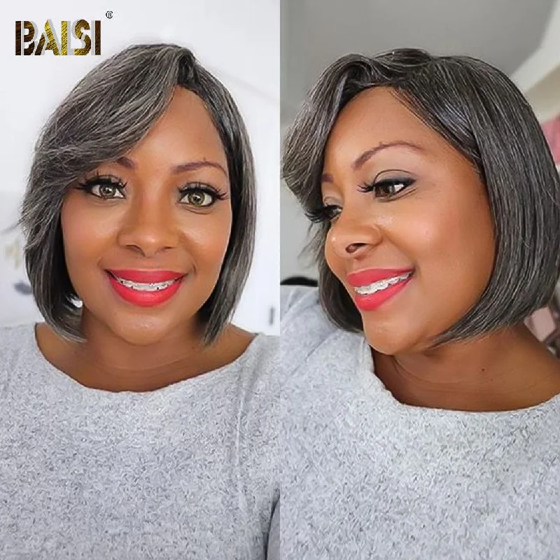 heat-resistant wigs for styling versatility -BAISI Side Part Salt & Pepper Lace Wig