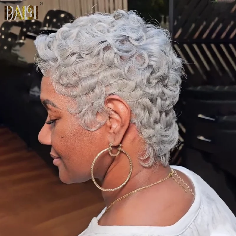 stylish wigs for women with different hair textures -BAISI Silver Grey Quick Weave Short Cut Wig