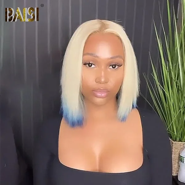 voluminous wavy wigs for beachy waves and texture -Baisi T Part Blond With Blue Color BoB  Lace Wig