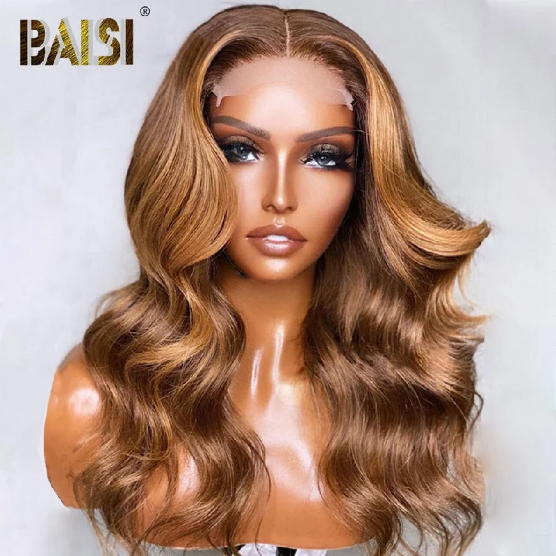 voluminous lace front wigs for dramatic effect -BAISI Wavy Chestnut Brown with Blonde Highlights Wig