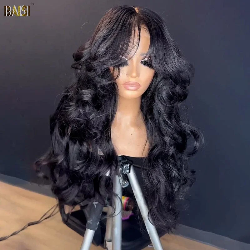 human hair wigs for a soft, shiny appearance -BAISI Wavy With Curtain Bangs Lace Wig