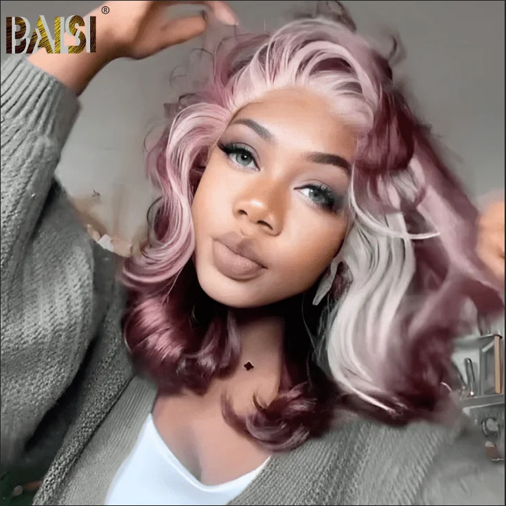 trendy medium-length wigs for versatile, fashionable looks -BAISI Wine Color With Blonde Highlight Lace Wavy Wig