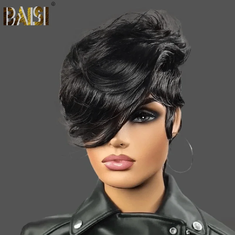 long curly wigs for a soft, romantic look -BAISI Pixie Cut Hair 5x5 Short Wig