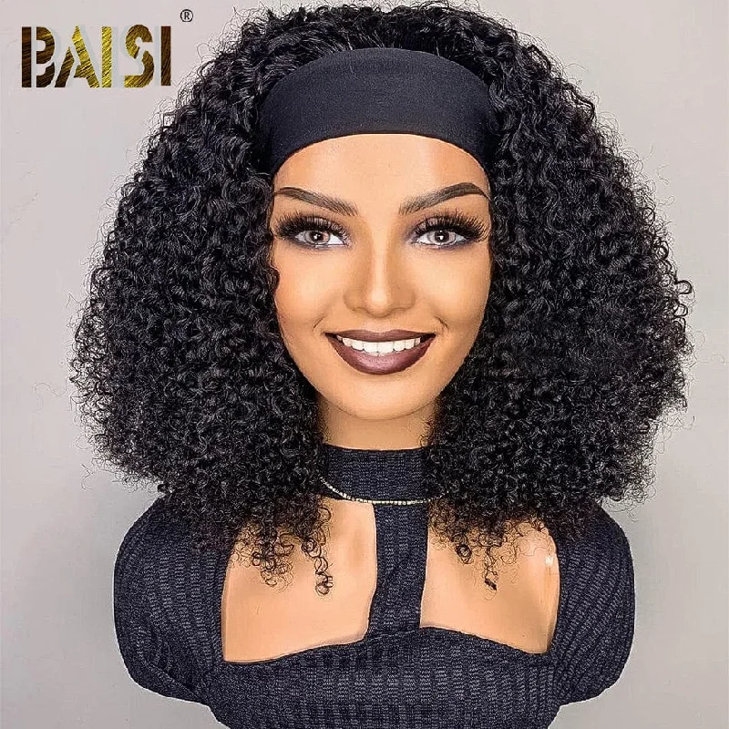 long straight wigs for dramatic, sleek hair -BAISI Kinky Curly Headband Full Density Wig