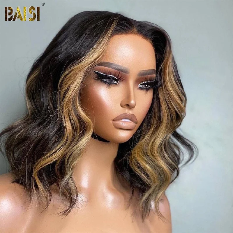 medium length curly wigs for a bouncy, carefree look -BAISI Highlight Honey Blonde Bob Body Wave Wig