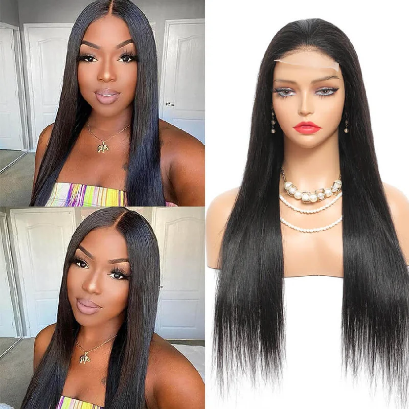 voluminous straight wigs for a sleek and polished style -13A Straight 4x4 Lace Closure Wig Pre Plucked Glueless 100% Real Humam Hair Wig