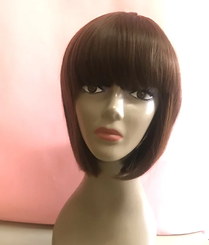 human hair wigs for the most realistic look -Wig Short Bob with Bang Medium Brown #4