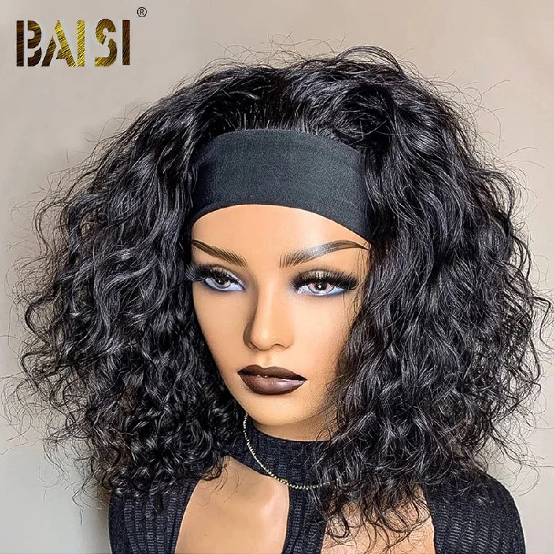 natural curly wigs for a frizz-free, defined style -BAISI Water Wave Headband Full Density Wig